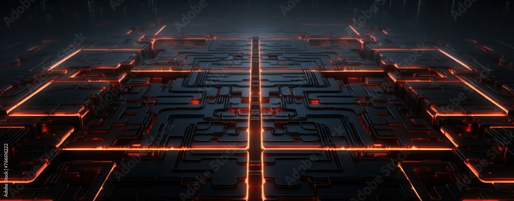 Poster a futuristic looking computer circuit board with glowing lights. generative ai.