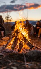 A group of people sitting around a campfire with the sun setting in the background. Generative AI.