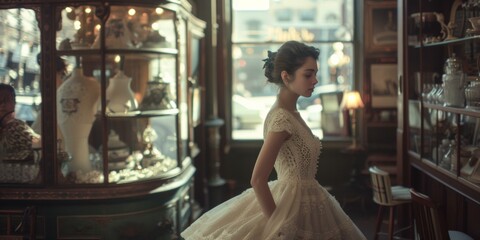 Elegant woman in a vintage dress inside an antique shop. Generative AI.