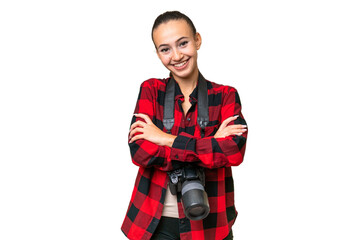 Young photographer Arab woman over isolated background keeping the arms crossed in frontal position