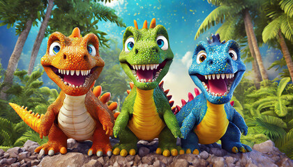 3d claymation artwork of 3 happy and cute dinosaurs. AI generated.