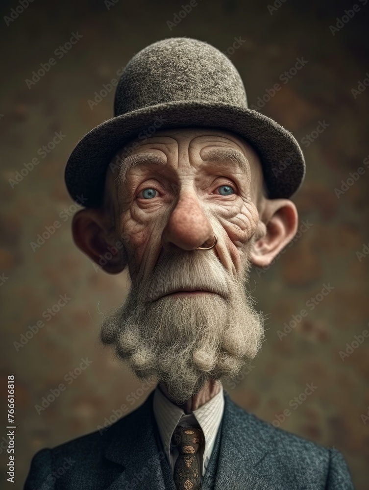 Poster a man with a beard and hat is looking at the camera. generative ai.