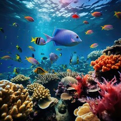 Fototapeta na wymiar A colorful fish swims among coral reefs in the ocean. Generative AI.