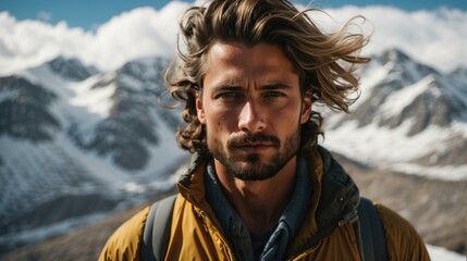A man with a beard and long hair standing in front of mountains. Generative AI.
