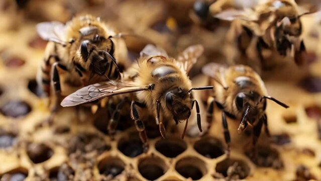 the queen (apis mellifera) marked with dot and bee workers around her - bee colony life created with generative ai