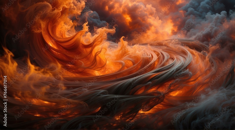 Poster an image of a swirling cloud with orange and black colors. generative ai.