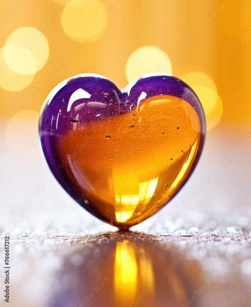 Poster a heart shaped glass object sitting on a table with lights in the background. generative ai.