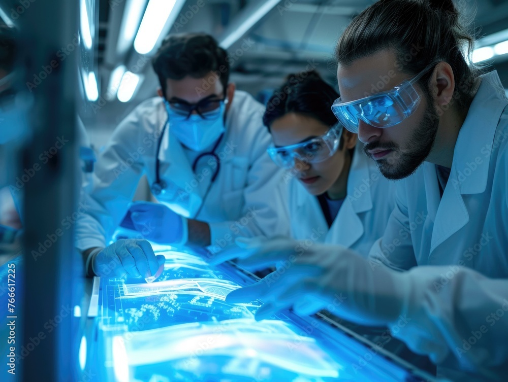 Aufkleber a group of scientists looking at a blue screen in the lab. generative ai.