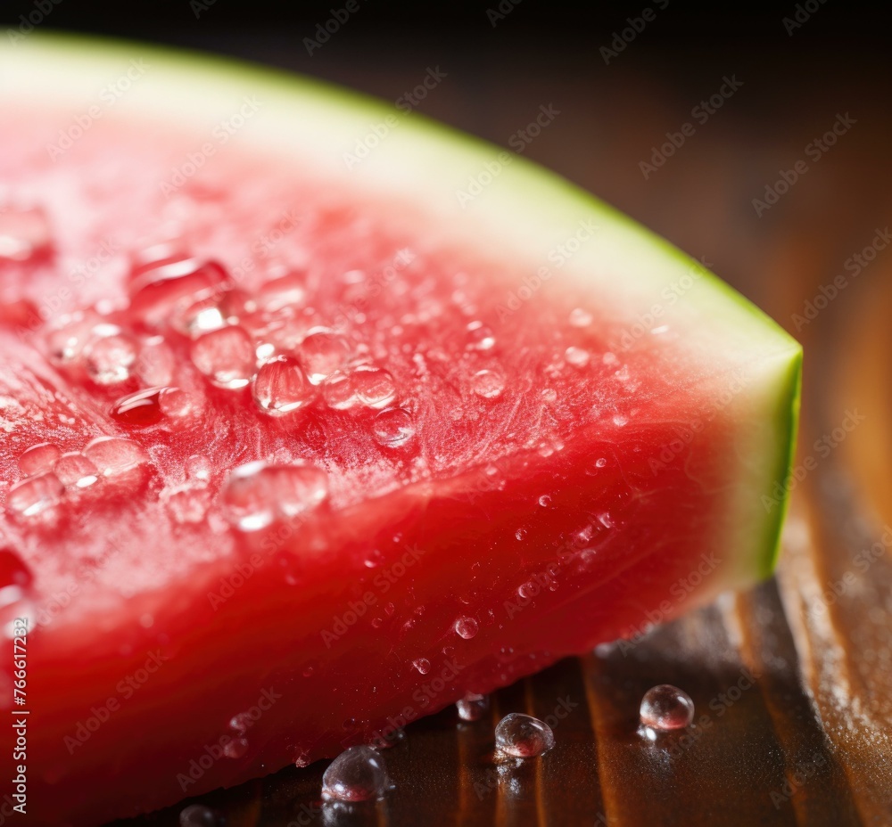 Poster a close up of a slice of watermelon with drops on it. generative ai.