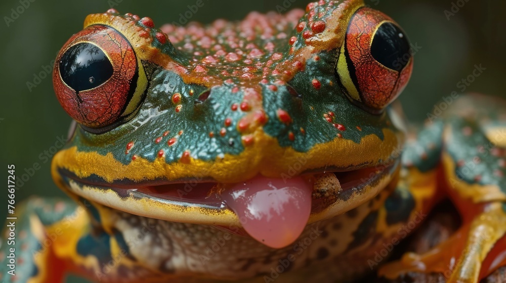 Poster a close up of a frog with its tongue out and sticking it in the air. generative ai.