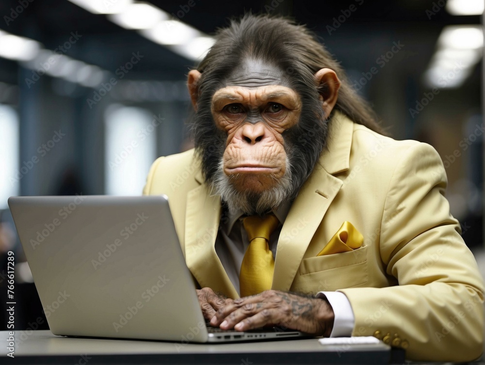 Poster a monkey in a suit and tie using a laptop computer. generative ai.