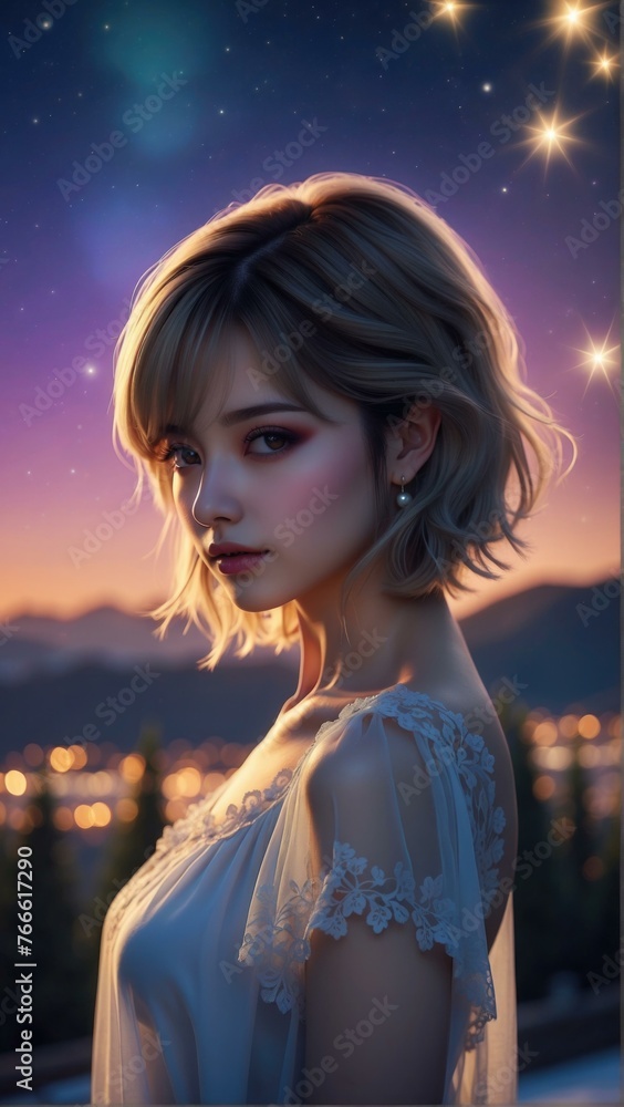 Wall mural a beautiful woman with short hair is standing in front of a starry sky. generative ai.