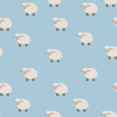 Seamless vector pattern with white sheep, cute kids background, vintage aesthetic