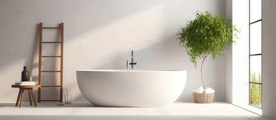 Fototapeta na wymiar An up-close view of a bathtub inside a white bathroom accompanied by a step stool