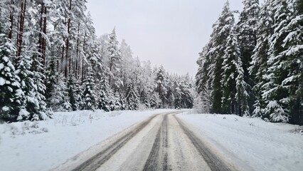 Narrow country road going into the distance among snow-covered forest