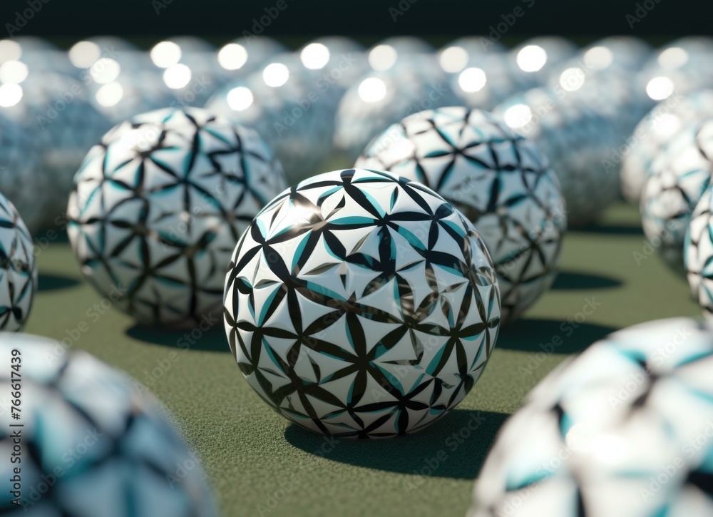 Poster a bunch of soccer balls are lined up in a row. generative ai.