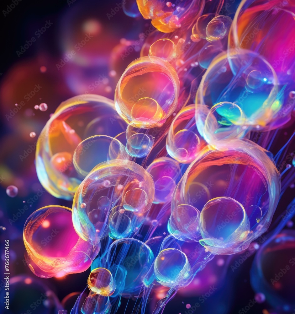 Poster a close up of a bunch of bubbles floating in the air. generative ai.