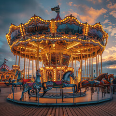 carousel in the evening with ornate details and prancing horses