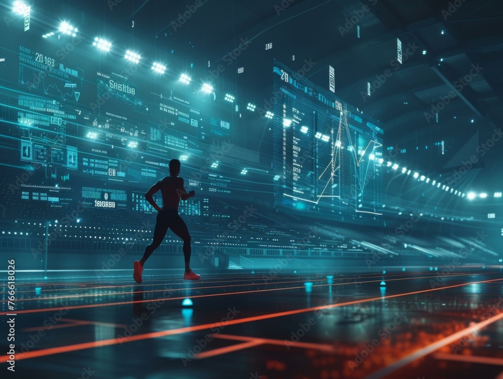 Poster a man running on a track in front of an electronic scoreboard. generative ai.