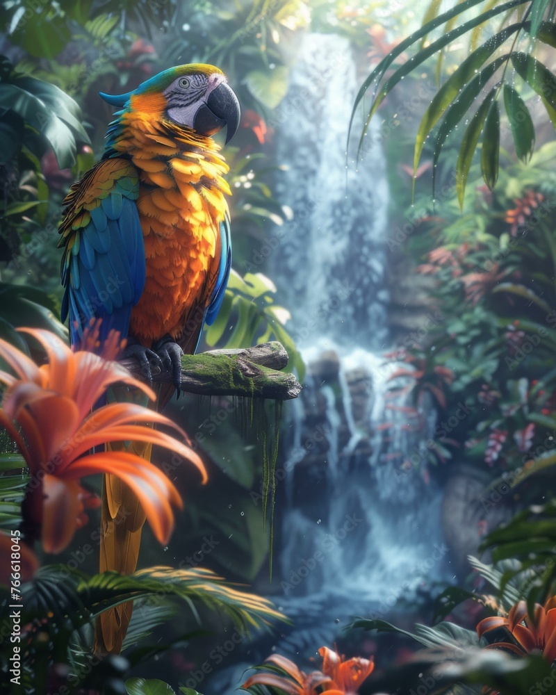 Poster a colorful parrot perched on a branch in front of waterfall. generative ai.