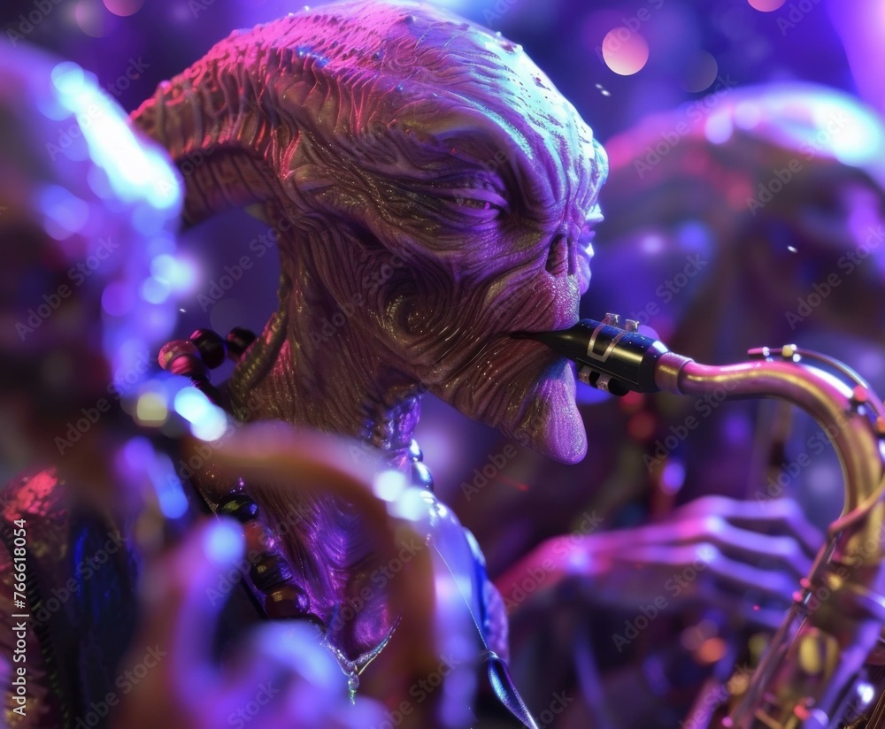 Poster a close up of a statue with alien features playing the saxophone. generative ai.