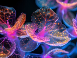 Glowing neon illustrations of cellular structures. Generative AI.