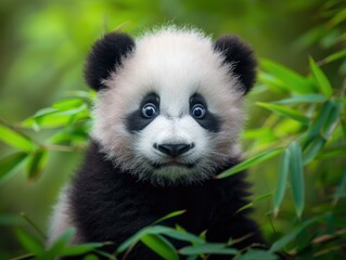 Fototapeta premium A panda bear sitting in a tree with green leaves. Generative AI.