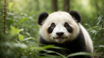 A panda bear is walking through the woods with a camera. Generative AI.
