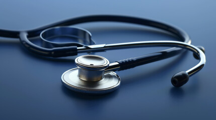 A stethoscope lies on a smooth blue fabric surface.