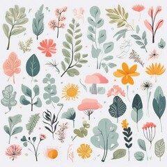 Fototapeta premium A collection of seamless pattern, colorful abstract plants and flowers. Hand drawn Collection of leaves and flowers. A close up of a pattern of flowers and leaves. 