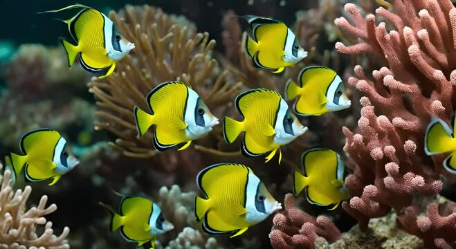 various types of tropical fish swim in the coral reef