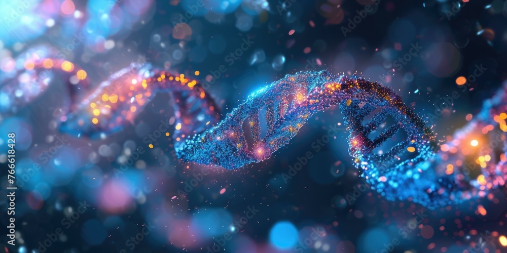 Poster a close up of a dna strand with lights and sparkles. generative ai.