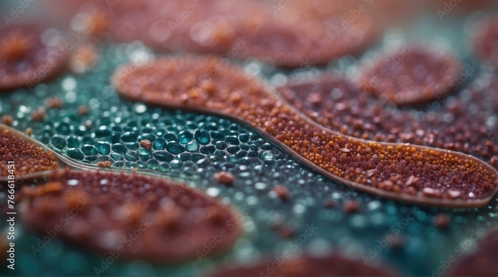 Poster a close up of a cell with some red and brown spots. generative ai.