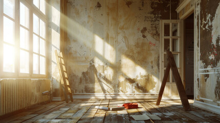 A sunny room is undergoing renovation with painting tools and equipment scattered around.