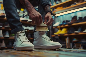 A man cleaning sneakers in a workshop with shoe brush closeup preparing shoes for the season. Concept Sneaker Cleaning, Workshop, Shoe Brush, Shoe Preparation, Season Ready