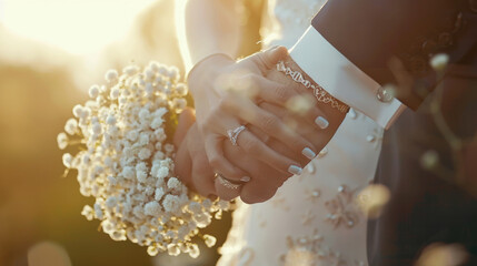 A bride and groom hold hands, adorned with a wedding ring and bracelet, amid a soft-focus backdrop of baby's breath flowers.