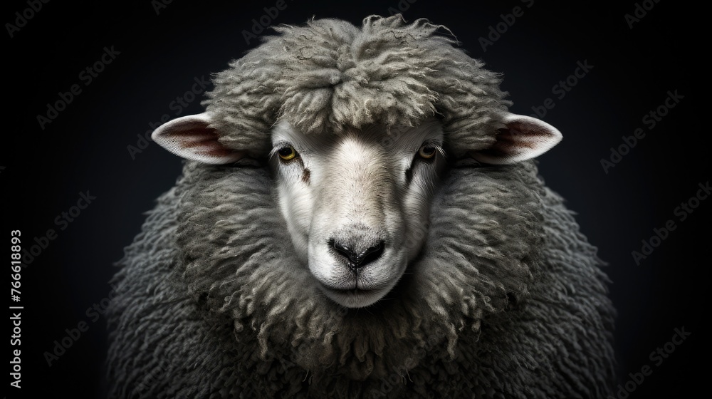 Wall mural close up of a sheep. dark background. generative ai