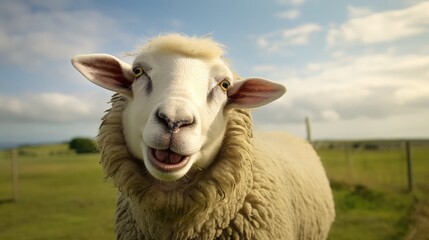 sheep in the field. happy face. Generative AI - obrazy, fototapety, plakaty