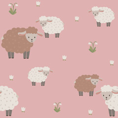 Seamless vector pattern with white and brown sheep, cute kids background, vintage aesthetic