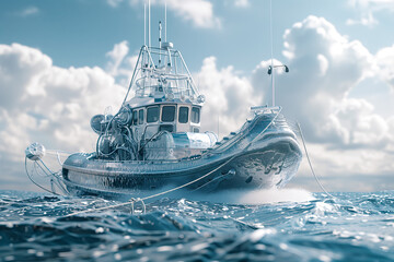 High-Tech Fishing Vessel on Open Sea, Modern Marine Harvesting Equipment
