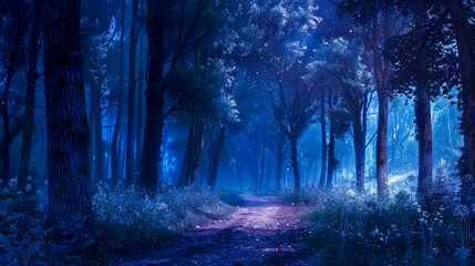 Mystical night scene of a serene forest path bathed in ethereal blue light