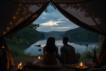 Couple of young people in love on a trip in the mountains, sitting with their backs in a tent by candlelight and looking at the lake and mountains at dusk, romantic date