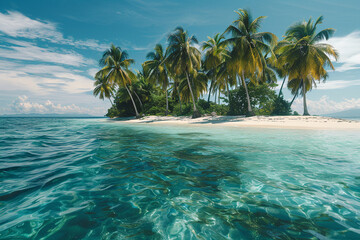 Photo of sandy beach with many palm trees and beautiful blue sea. Summer vacation concept at sea. Tropical landscape