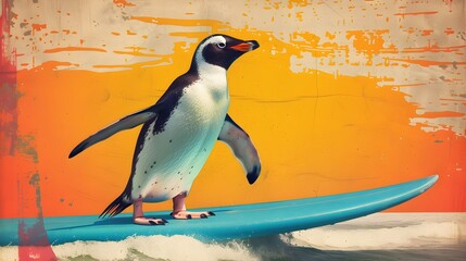 Penguin Surfs Retro Summer Poster: Playful Penguin Riding the Wave in Vibrant Style