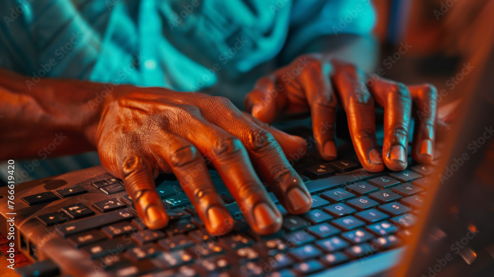 Poster close-up of hands typing on a backlit laptop keyboard in a dimly lit setting.
