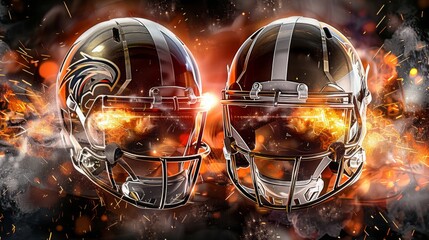 wide poster of hothead to head American football helmets challenge match advertisement banner with statistics HUD information overlays with copy space area - obrazy, fototapety, plakaty