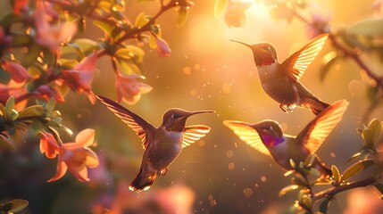 Serene Moment in a Lush Garden: A Diverse Group of Hummingbirds Basking in the Golden Hour Glow