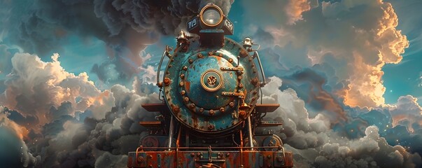 Powerful Steam Engine Standing Majestically Amidst Dramatic Sky During Early Industrial Revolution - obrazy, fototapety, plakaty
