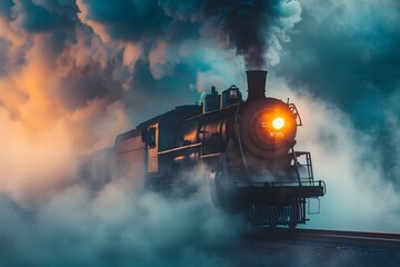 Antique Steam Train Emerges from Fog at Dawn, Exuding Nostalgic Charm