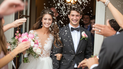 A newlywed couple is joyfully exiting the ceremony while guests throw confetti.
